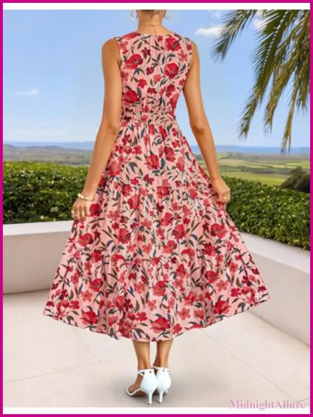 ZESICA Womens Floral V Neck Sleeveless Maxi Sundress Elastic High Waist Flowy A